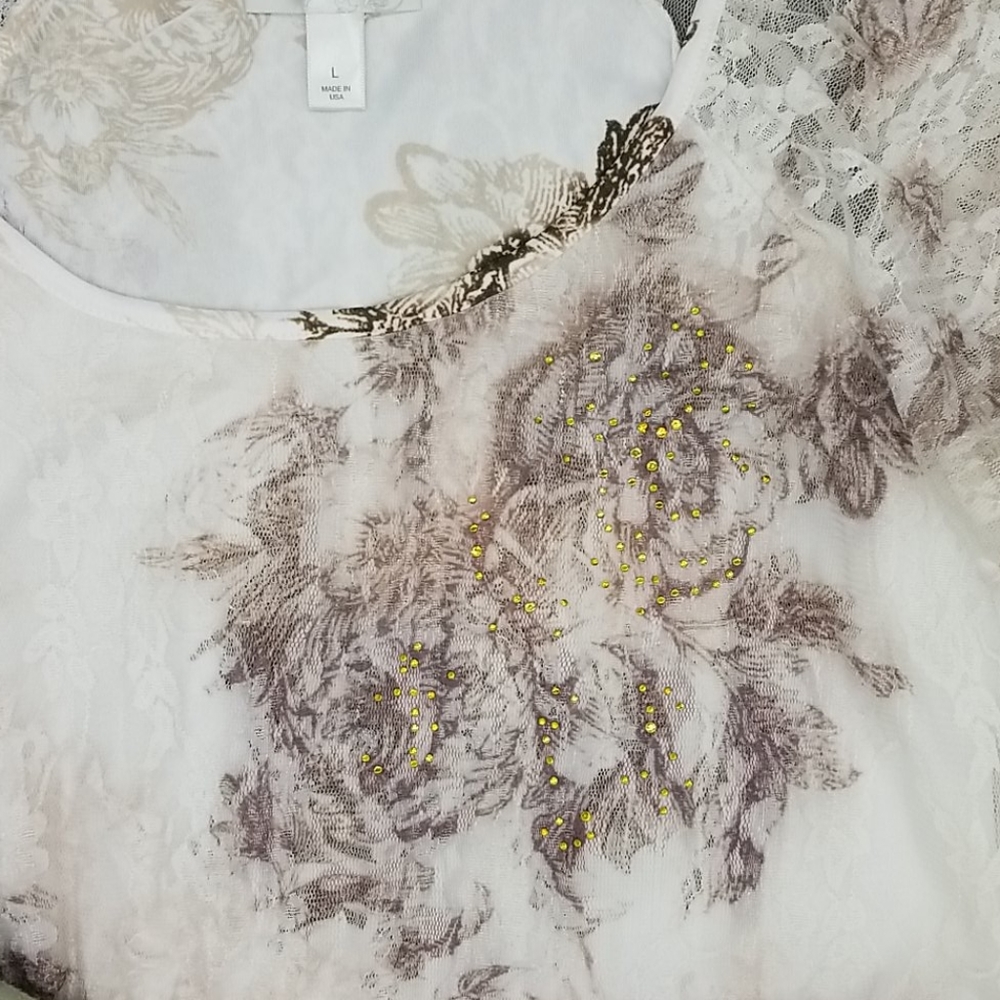 Dressbarn Large Short Sleeve Mauve, Tan & Cream Floral Lace Overlay Tunic Top - Picture 6 of 10
